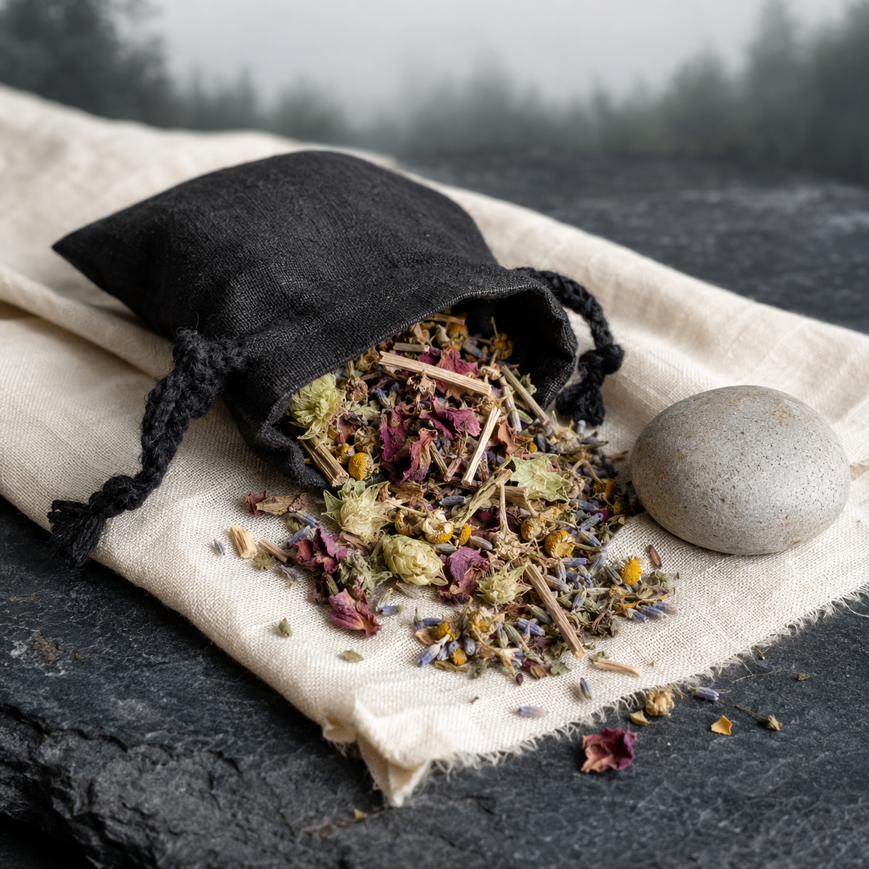 Herbal ritual pouch and dried botanicals on stone