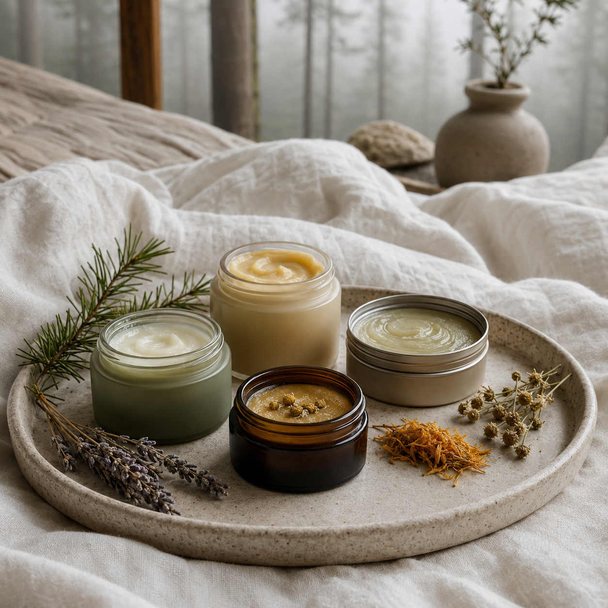 Natural balm jars with herbs on white bedding