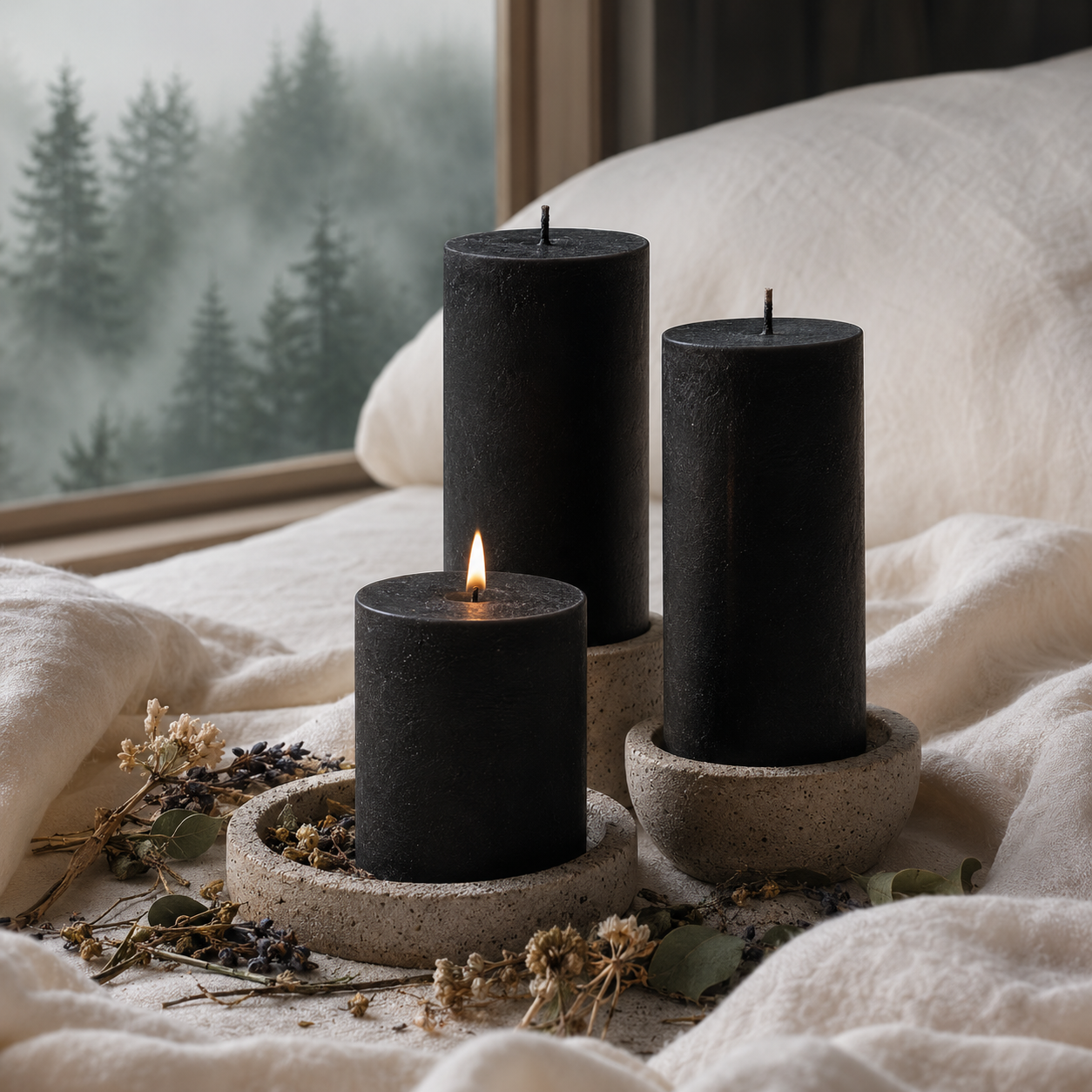 Matte black candle set on white bedding near a foggy forest window