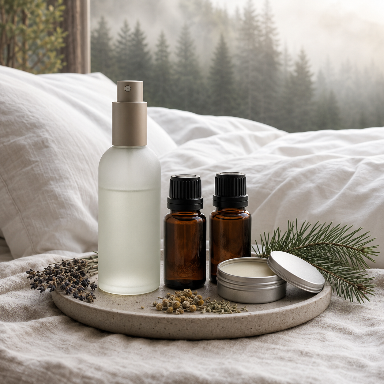 Sleep mist spray and amber oils on white bedding with pine needles