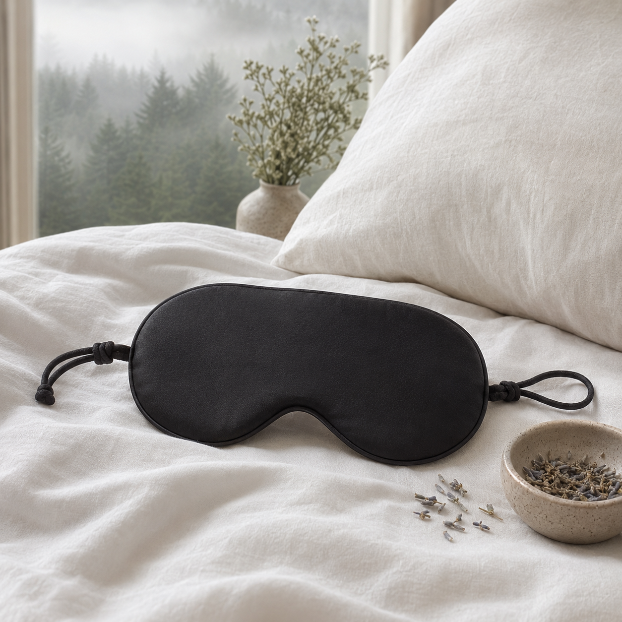 Black eye mask on white bedding by a foggy forest window